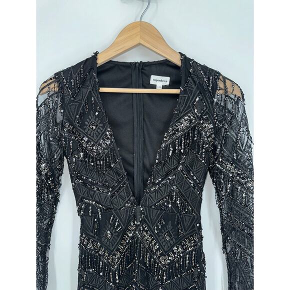 REVOLVE Superdown Nia Sequin Fringe Mini Dress Plunge V-Neck Mesh Long Sleeve - Picture 6 of 13